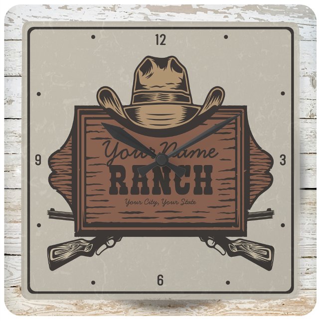 Personalized NAME Cowboy Guns Western Ranch Sign Square Wall Clock (Creator Uploaded)
