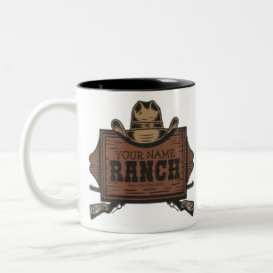 Personalized NAME Cowboy Guns Western Ranch Sign Two-Tone Coffee Mug