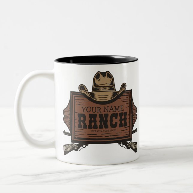 Personalized NAME Cowboy Guns Western Ranch Sign Two-Tone Coffee Mug (Left)