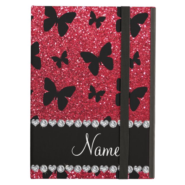 Personalized name crimson red glitter butterflies iPad air cover (Front Closed)