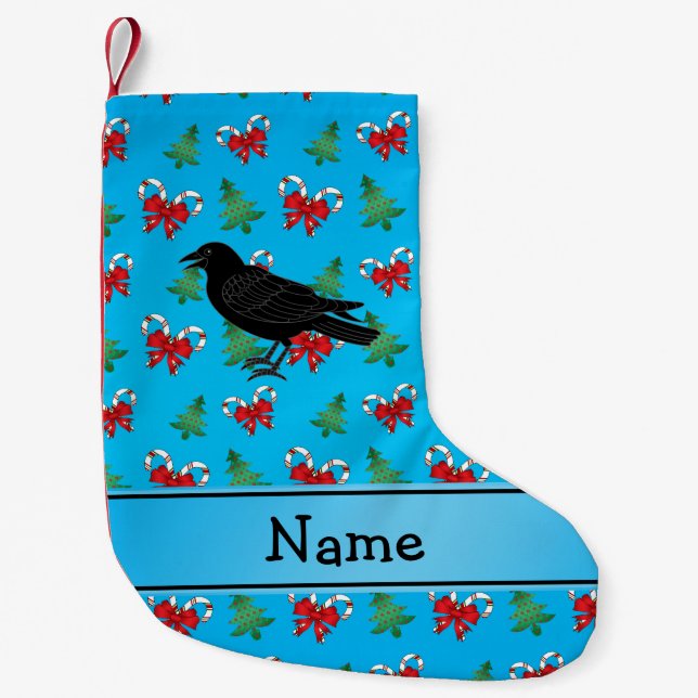Personalized name crow blue candy canes bows small christmas stocking (Front)