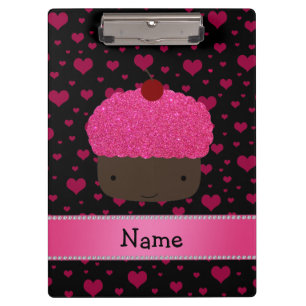 Personalized name cupcake pink hearts on black clipboard
