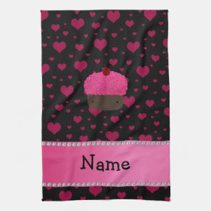 Personalized name cupcake pink hearts on black kitchen towel