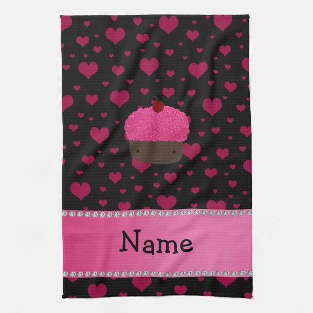 Personalized name cupcake pink hearts on black kitchen towel (Vertical)
