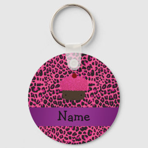 Personalized name cupcake pink leopard print keychain