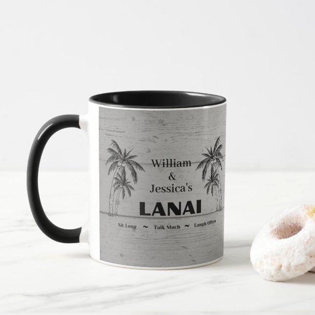 Personalized Name Custom Lanai Tropical Palm Trees Mug (With Donut)