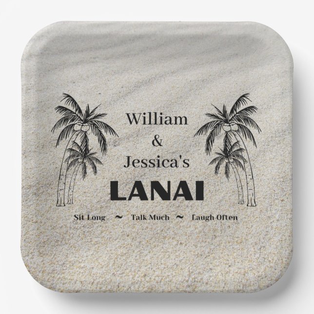 Personalized Name Custom Lanai Tropical Palm Trees Paper Plate (Front)