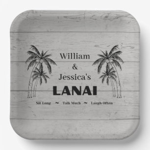 Personalized Name Custom Lanai Tropical Palm Trees Paper Plate