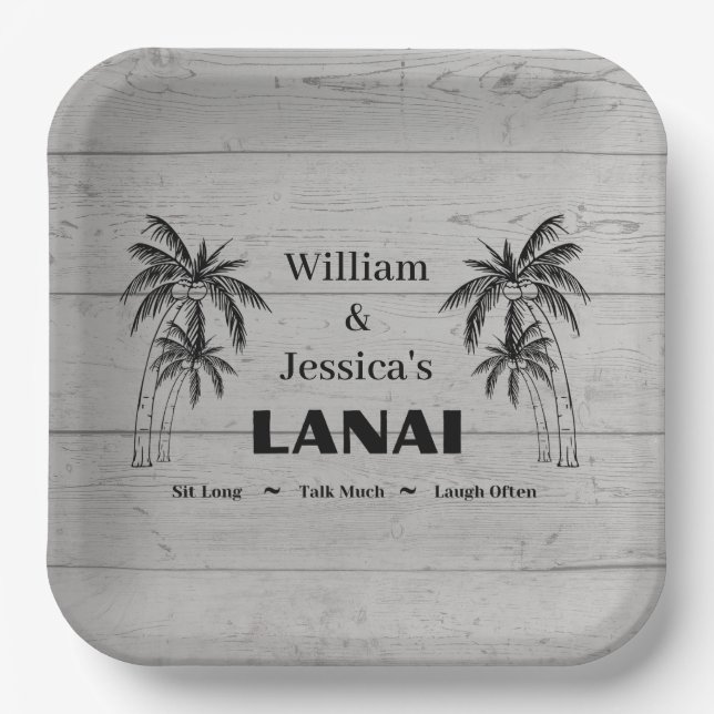 Personalized Name Custom Lanai Tropical Palm Trees Paper Plate (Front)