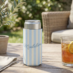 Personalized Name Custom Light Blue Stripes Seltzer Can Cooler