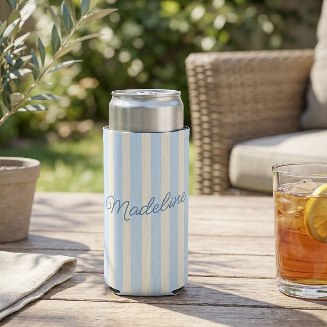 Personalized Name Custom Light Blue Stripes Seltzer Can Cooler (Creator Uploaded)