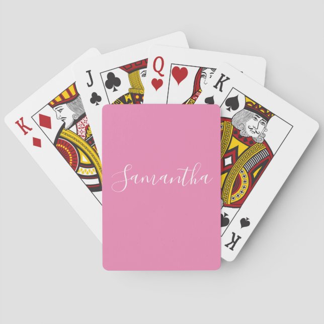 Personalized Name Custom White Script On Pink  Playing Cards (Back)