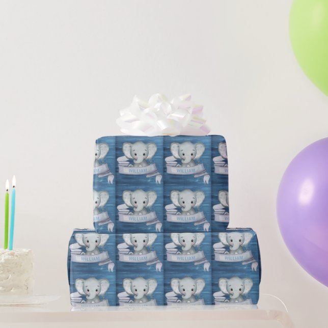 Personalized Name Cute Baby Boy Elephant Blue Wood Wrapping Paper (Party Gifts)