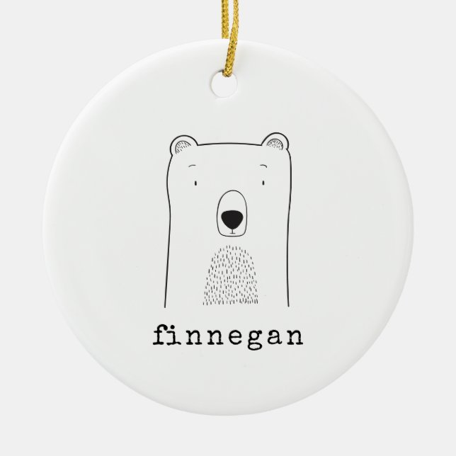 Personalized Name Cute Bear Line Art Christmas Ceramic Ornament (Front)