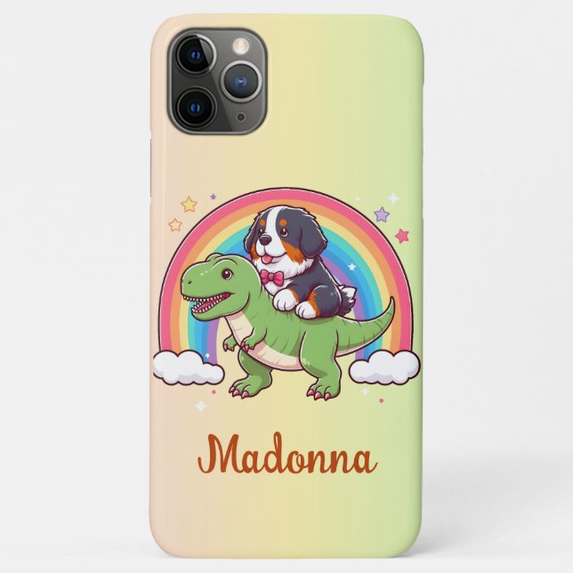 Personalized Name Cute Bernese Dog Riding T-Rex Case-Mate iPhone Case (Back)