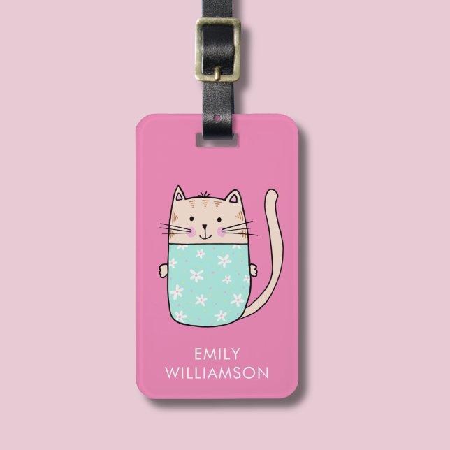 Personalized name cute cat illustration luggage tag (Kitty Cat pink personalized luggage tag)