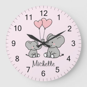 Personalized name Cute Elephant Mom & Baby Pink Large Clock
