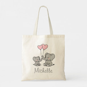 Personalized name Cute Elephant Mom & Baby Pink    Tote Bag