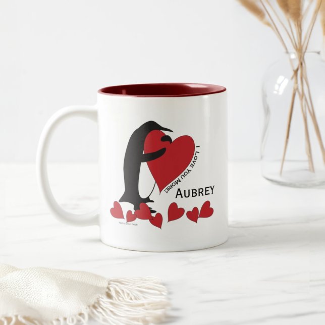 Personalized Name Cute Funny Penguin and Red Heart Two-Tone Coffee Mug (Creator Uploaded)