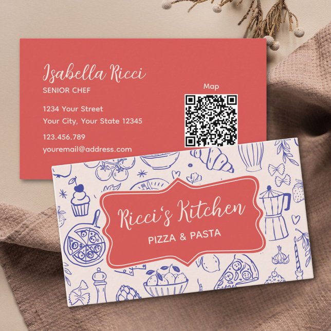 Personalized Name Cute Hand Drawn Food QR Code Business Card (Front and Back)
