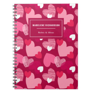 Personalized Name Cute Hearts Pattern Dark Magenta Notebook