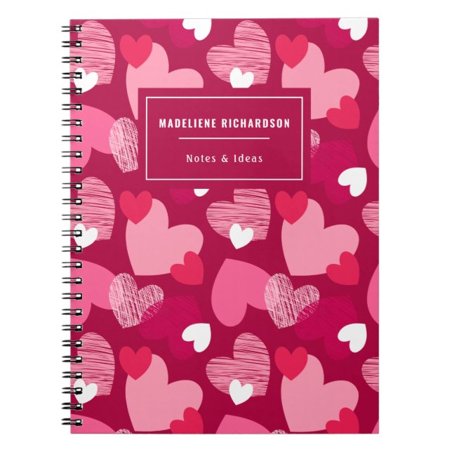 Personalized Name Cute Hearts Pattern Dark Magenta Notebook (Front)