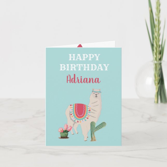 Personalized Name Cute Llama Cactus Birthday  Card (Front)