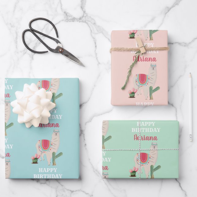 Personalized Name Cute Llama Cactus Birthday Wrapping Paper Sheet (Front)