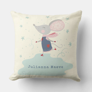 Personalized Name Cute Mouse Ice Skating Winter Throw Pillow