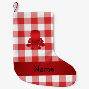 Personalized name cute octopus red checkers small christmas stocking