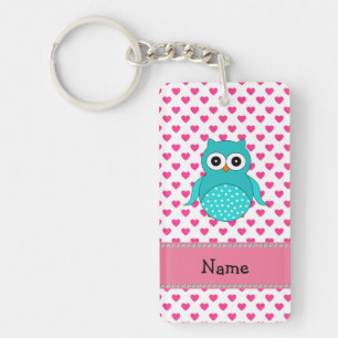 Personalized name cute owl pink hearts keychain