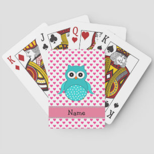 Personalized name cute owl pink hearts playing cards