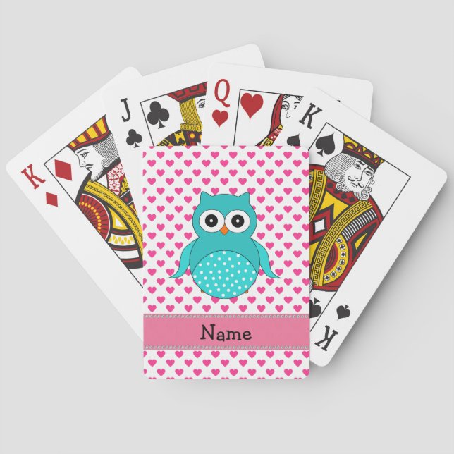 Personalized name cute owl pink hearts playing cards (Back)