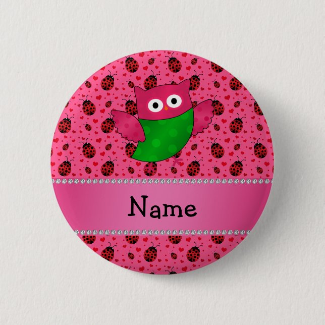 Personalized name cute owl pink ladybugs 2 inch round button (Front)