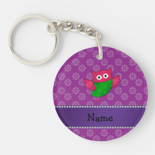 Personalized name cute owl purple flowers keychain