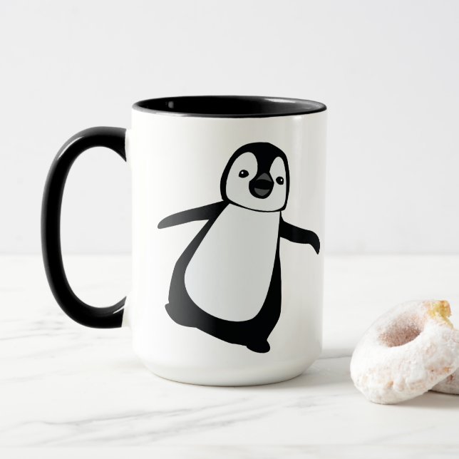 Personalized Name Cute Peeking Penguin Holiday Two Mug (With Donut)