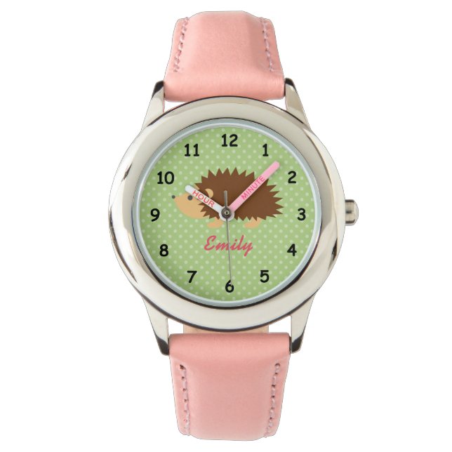 Personalized name cute pink hedgehog girls watch (Front)