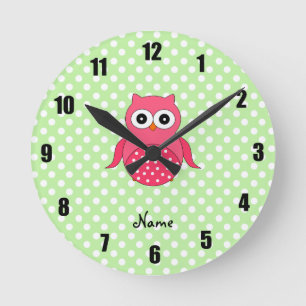 Personalized name cute pink owl round clock