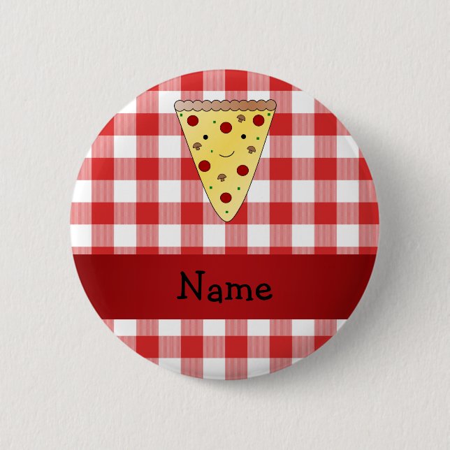Personalized name cute pizza red chequered 2 inch round button (Front)