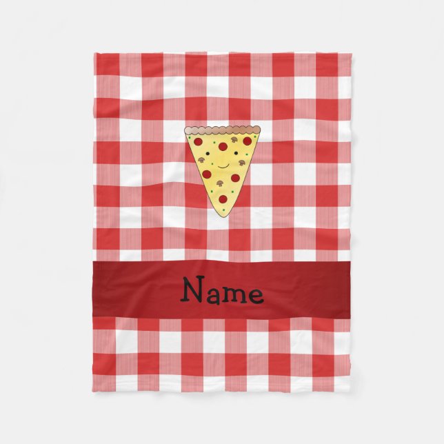 Personalized name cute pizza red chequered fleece blanket (Front)