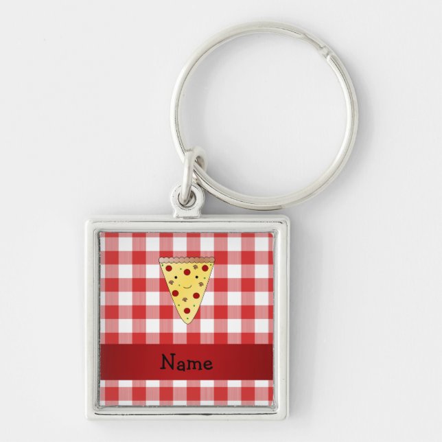Personalized name cute pizza red chequered keychain (Front)
