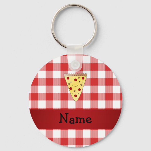 Personalized name cute pizza red chequered keychain (Front)