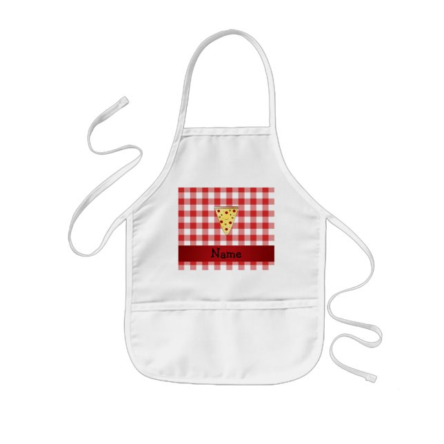 Personalized name cute pizza red chequered kids apron (Front)
