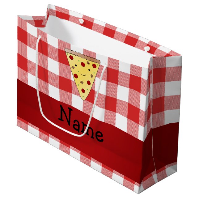 Personalized name cute pizza red chequered large gift bag (Front Angled)