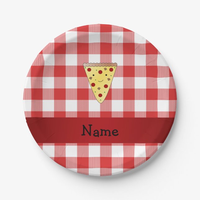 Personalized name cute pizza red chequered paper plate (Front)