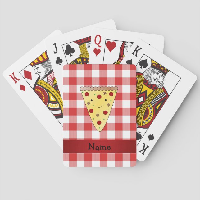Personalized name cute pizza red chequered playing cards (Back)