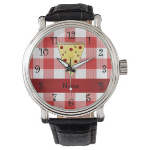Personalized name cute pizza red chequered watch