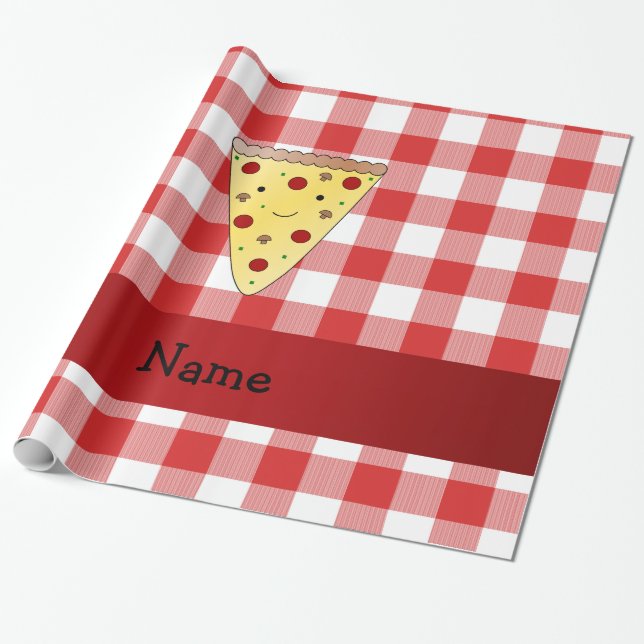 Personalized name cute pizza red chequered wrapping paper (Unrolled)