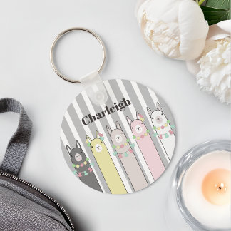 Personalized Name Cute Retro Colorful Llamas Keychain