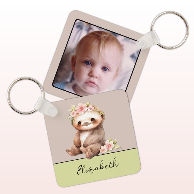 Personalized name cute sloth 1 photo green keychain (Creator Uploaded)
